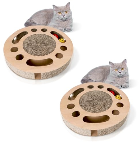 Nobleza 2 x Katzen kratzbrett mit Minze，Katzenspielzeug Interaktives mit 2 Klingelballs，3 in 1 Wellpappe Kratzmatte Katze
