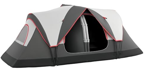 Outsunny Tenda da Campeggio 3 Posti con 2 Stanze Separate e Porte con Cerniera, Tenda Campeggio a Tunnel con Borsa di Trasporto, Protezione PU2000mm, 450x215x180 cm, Grigio