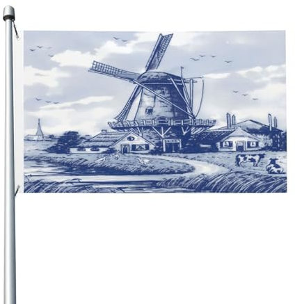 Bandera azul de Holanda vintage con diseño de molino de viento holandés de Delft, 3 x 5 pies, para exteriores, gran pancarta, con doble costura, para colgar al aire libre, para jardín, césped, fiestas