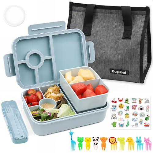 Bugucat Bento Lunch Box 1300ML with Bag - Leak-Proof with 5 Compartments, Cutlery for Kids and Adults - Snack Box for School, Kindergarten, Office,Blue