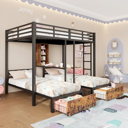 Dolamaní Etagenbett 3 Betten 140x200 cm/ 90x200 cm Metallbett mit Rausfallschutz & Lattenrost, Bettgestell mit Staufächern & 2 Schubladen & Regal-Tisch (Schwarz A)