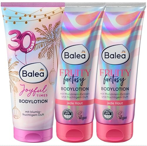 Balea 3er-Set Hautpflege: Bodylotion Joyful Times verwöhnt sanft, blumig-fruchtige Duftnote, 200 ml + Körperlotion Fruity Fantasy mit Sheabutter, Mondstein-Extrakt, fruchtiger Duft, 2 x 200 ml (600)