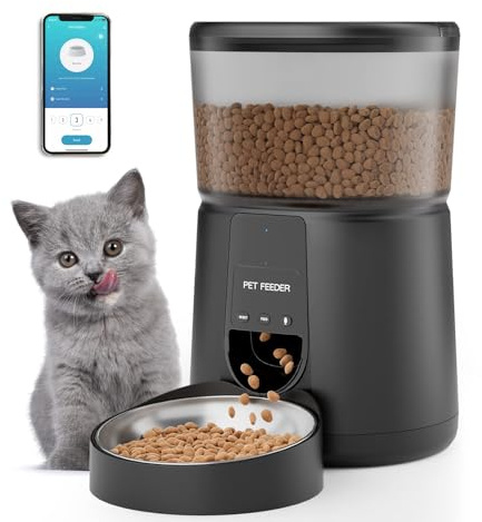 Distributore Automatico Cibo per Gatti e Cani, 2.4G Wifi Mangiatoia Automatica con Timer, Funzione di Registrazione del Suono, Fino a 10 Pasti al Giorno (Nero)