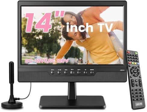 Jexiop 14inch Small LED HD TV,Built-in ATSC,Dual-Mount Support for Desktop & Wall Mount-HDMI-USB-AV IN-12v/AC Power for RV&Kitchen