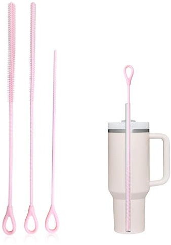 LAY STAY 3Pcs Reusable Silicone Straw Cleaner Brush Set, Food-Grade Silicone Cleaning Brushes with Steel Core, 3mm,6mm,9mm Sizes, Perfect for Stanley Cups, Water Bottles & Baby Bottles(Pink)