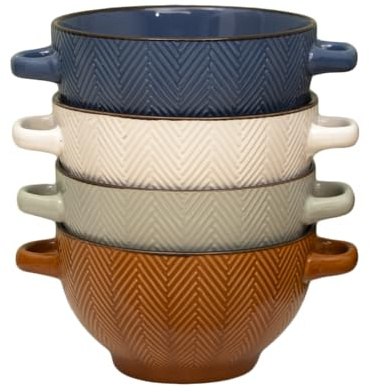 Darthome Chevron Handled Soup Bowls Set of 4, 680ml Stoneware with Textured Herringbone Pattern, Assorted Colours, Microwave and Dishwasher Safe