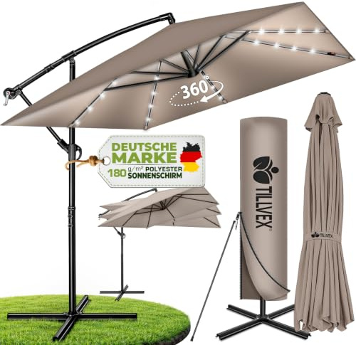 tillvex® Sonnenschirm Rechteckig Ø 330 cm + Abdeckung, Kurbel & Windschutz | Ampelschirm Aluminium Eckig mit Ständer | Alu Gartenschirm UV-Schutz | Kurbelschirm wasserdicht, 360° drehbar Terrasse Garten