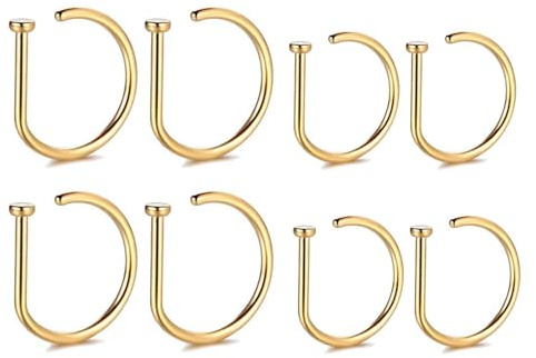 BDEPSTR Lot de 8 Faux Piercings Nez en Forme de D - Anneaux de Nez Sans Perçage en Acier Inoxydable Doré - Tailles Mixtes 8mm et 10mm
