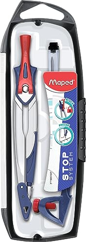 Maped Coffret Compas Maped Stop System 3 pièces - Système de Verrouillage Breveté - Tracé Parfait - Avec Sécurité Protège Pointe et Mine - Compas Mine + Bague Universelle + Étui-Mines - Dès 10 Ans