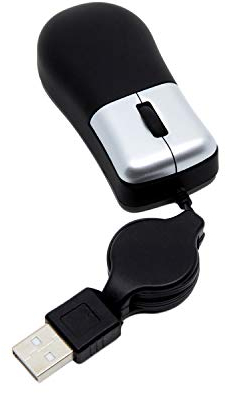 Retractable Travel Mouse - Small Mini Sleek - Black & Silver - Optical 3 Button USB to PC Laptop Travel Mouse -By TRIXES