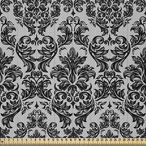 ABAKUHAUS Barock Stoff als Meterware, Weinlese-Spitze-Art, Microfaser Stoff für Dekoratives Basteln, 1M (230x100cm),Weiß und Schwarz