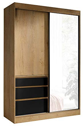 FurnitureByJDM Armoire avec Miroir – 2 Portes Coulissantes, 2 Tringles À Vêtements & 3 Tiroirs - Garde-Robe 140 Cm De Large - Haiti (Lefkas de Chêne/Noir)