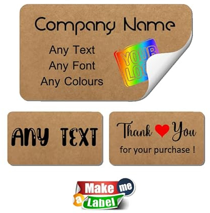 Rectangle Personalised Stickers Labels for Packaging, Bags, Name, Logo - Custom Printed in Matte, Brown Kraft, Gloss, Transparent - Make me a label (90mm x 65mm, Brown Kraft Paper, 80 Labels)