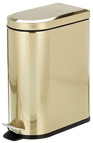 mDesign Small 2.6 Gallon/10 Liter Stainless Steel Metal Step Trash Can Garbage Bin for Bathroom, Bedroom, Office, D-Shape Trashcan with Foot Pedal/Lid, Removable Liner Bucket with Handles, Soft Brass