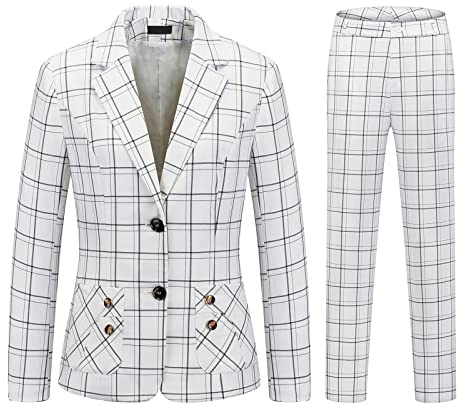 MODFUL Women Suits Formal 2-Piece Plaid Trouser Suit Smart Office Classic Suit for Ladies UK (White, M)