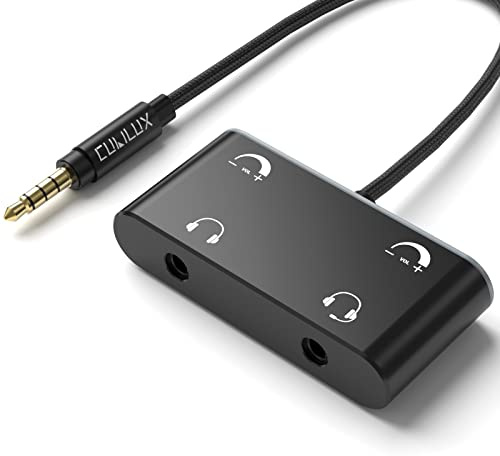 Cubilux 3,5 mm Kopfhörer Splitter mit 2 Lautstärkereglern für 2 Personen | AUX Audio Splitter für zwei Headsets: rechte Buchse unterstützt Mikrofon und Tasten, linke nur Audio; keine Verstärkung