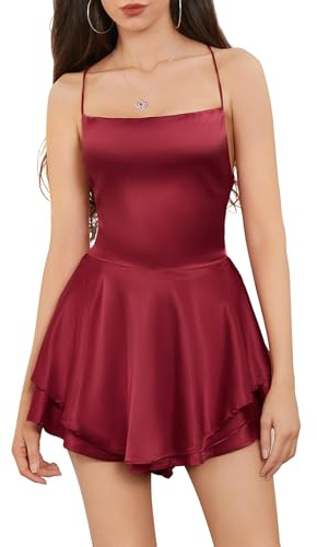 LouVasabuce Satin-Kleid für Frauen, sexy, rückenfreies, kurzes Kleid mit Rundhalsausschnitt, zum Binden am Hals, Schichtenkleid mit Spaghetti-Träger, Jumpsuit, Minikleid, Rot/Ausflug, einfarbig
