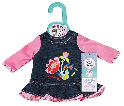 Dolly Moda, Puppenkleidung, Jeans Kleid Blumen 36cm, Jeanskleid mit rosa Langarm-Shirt, 871508, Zapf Creation