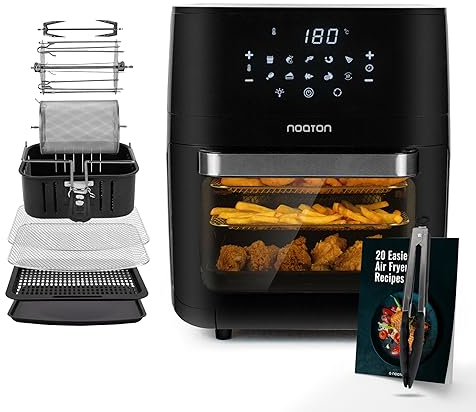 Noaton A120 Ultra Pro Friggitrice ad Aria Calda 12L, Friggitrice senza olio, Incluso ricettario e pinze da cucina 26 cm, 1800W, 10 programmi, Display digitale, Compatta, per 1-4 persone, Nero