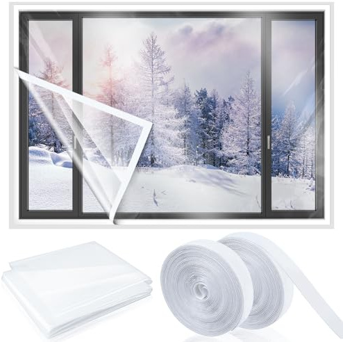 Beeveer 47 Inch x 10 ft Window Insulation Kit Cuttable Transparent Film with Adhesive Straps Reusable Window Plastic for Winterizing Thicken Thermal Waterproof Attic Insulation Cover Warm Winter