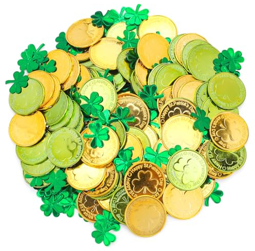 100pcs St Patrick's Day Coins,Shamrock Plastic Coins with Confetti for St Patrick's Day Party Table Home Decoration Supply,Gold and Green