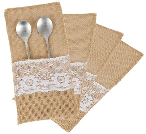 HLQXHM Bestecktaschen aus natürlichem Jute, 50 Stück, Hochzeitsgeschirr, Partyzubehör, Leinenmesser und Gabeln, Bestecktasche für Hochzeitsfeier