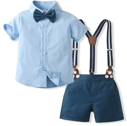 Volunboy Baby Jungen Anzug, Kurzarm Hemd mit Fliege + Hosenträger Shorts Strampler Sommer Bekleidung Set