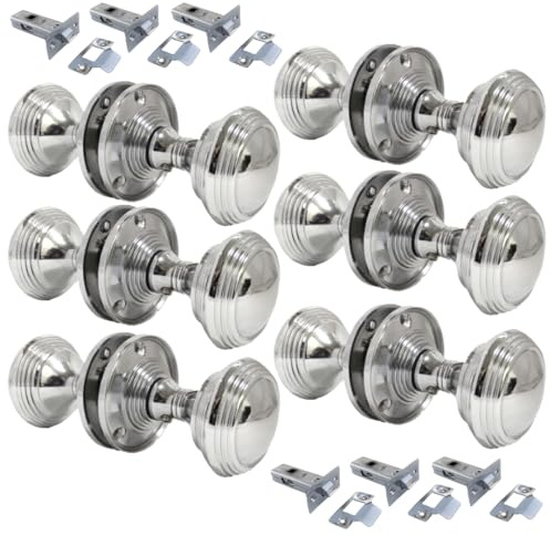 Epsom Door Handle Queen Anne Reeded Mortice Door Knobs Interior Door Knobs for Home Round Internal Door Knob with Tubular Latch - Durable Chrome Door Knobs (6 Pair of Handles + Tubular Latch)