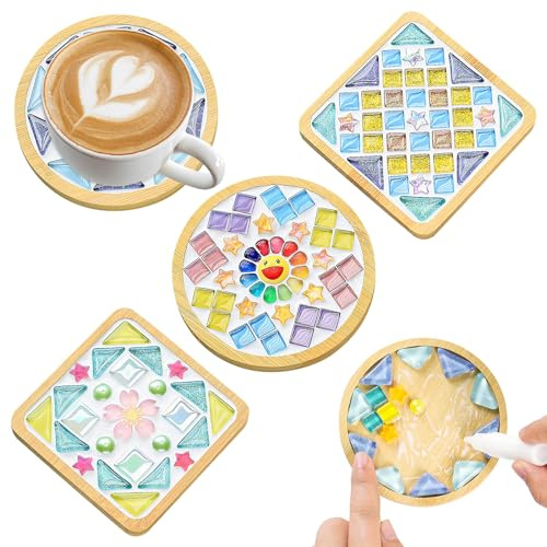 UXORSN Juego de manualidades de mosaico, posavasos de 4 piezas, juego de manualidades para adultos, posavasos de bambú, colores mezclados, piedras de mosaico de cristal, para manualidades, juego