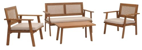 Mendler Garten-Garnitur HWC-N46, Lounge-Set Gartenlounge Bank Sessel Tisch, Holz Akazie MVG-Zertifiziert - Kissen Creme