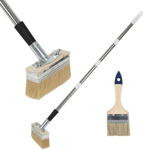 Deck Stain Brush with 63 Long Handle, 2 in 1 Roof Gutter Cleaning Brush Decking Paint Brush, Extensions Handle Sealing Floor Oil Brush, Multi-Angle Adjustable Deck Stain Brush Applicator (63 Handle)