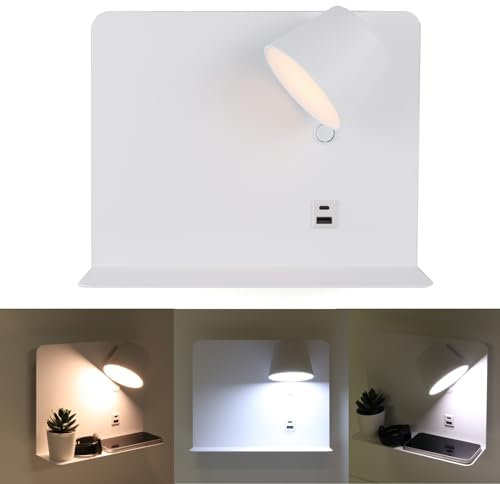 Alpinaluz Aplique de Pared LED Orientable 6W con Tono de Color Ajustable (3000K/4000K/6000K), CRI>90, Interruptor, Puerto de Carga USB Tipo C y A, Soporte de Aluminio Blanco 28cm