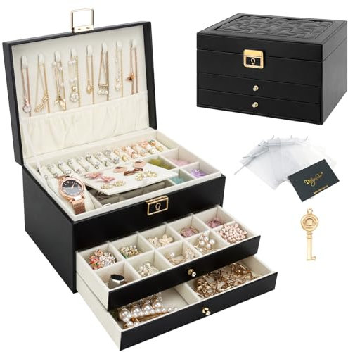 DesignSter Schmuckkasten, Schmuckkästchen mit 3 Ebenen mit Schubladen, PU-Leder Schmuckbox Schmuckschatulle Groß Schmuck Organizer für Ringe Ohrringe Armbänder Halsketten, Schwarz