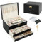 DesignSter Boîte à bijoux, Organisateur de bijoux avec 2 tiroirs, Boîte de rangement de bijoux en cuir à 3 couches avec serrure, Coffret à Bijoux pour collier, d'oreille, bracelet, Noir