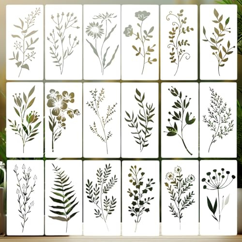 REEKNOKOL Plants Stencils, 18 Pcs Reusable Floral Leaves Stencils for Painting, DIY Art Crafts Scrapbook Wall Décor