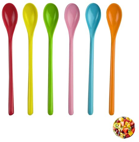 6 stycken plastsked, färgglad plastsked, lång syltsked, färg, lång plastsked, yoghurt, glas, cocktails