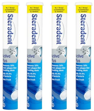 4 Pack Active Plus Denture Cleaning Tablets - 120 Tablets, False Teeth Cleaner, Retainer, Denture & Mouth Guard Sterilising Tablets, Multipack Bundle for Fresh Hygiene and Stain Removal