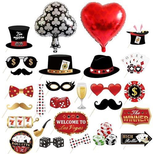 Casino Deko Photo Booth Requisiten - 27 Stück Las Vegas Party Fotobox Accessoires und Spielkarten Folienballon, Lustige Poker Ballons Fotorequisiten für Casino Nacht Thema Dekoration