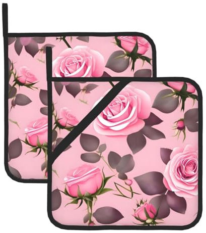 WHJSHOP Set di 2 presine isolate quadrate con stampe di rose rosa, 20,3 x 20,3 cm, spesse e durevoli, antiscottatura e termoisolanti
