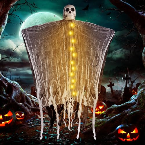 Byffoer Halloween Deko Outdoor Skelett Hängend,LED Geister Halloween Deko Garten 90cm Hängende Skelett Geister Dekoration,Hängende Geister für Innen Außen Spukhäuser Gärten