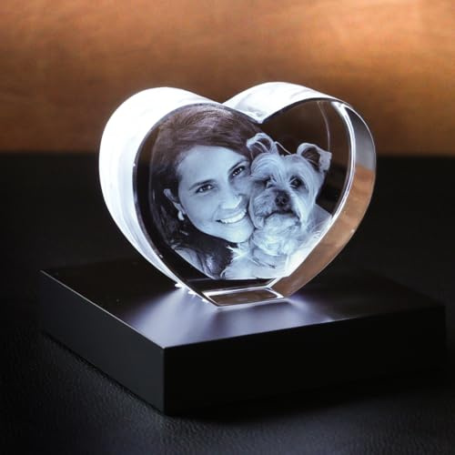 contento – 3D Glasfoto Herz – personalisiertes Foto als 3D Lasergravur im Kristallglas – Geschenkidee für Weihnachten, Valentinstag, Jahrestag, Geburtstag Größe: XS 84x65x30 inkl. Leuchtsockel