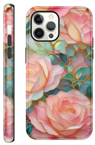 Yirlbey Fodral för iPhone 12 Pro Max (6,7 tum), estetiskt målat glas, skal med rosa blommönster, stötsäkert glittrigt silikonskydd