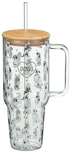 New Adorable Dog Breeds Glass Tumbler –Reusable Modern Style Drinking Glass with Straw, Perfect for Water, Iced Coffee, Smoothies & Cocktails,Gift for Dog Lovers & Pet Owners -A68