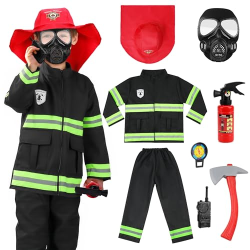 AYBUY Barn brandmanskostym set, 8 st brandkårskostym för pojkar och flickor, brandkår, rollspel set för karneval, halloween, brandkårschef cosplay, temafest (120 cm)