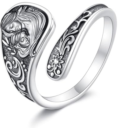 HUKKUN Mor-dotter-skedring i sterlingsilver, antik sked, oxiderad omlottring för tummen, vintage smycken i viktoriansk stil, gåva till mor och dotter