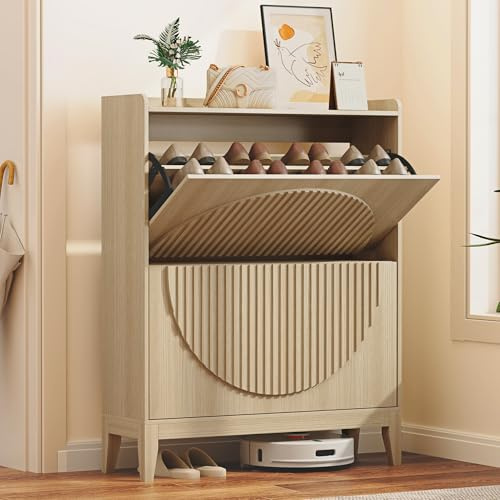 Vlsrka Schuhschrank mit 2 Klappschubladen, 80 x 25 x 100 cm für 22-26 Paar Schuhe, Schuhaufbewahrung, Schuhkommode schmal Freistehender Schuh-Organizer für Eingang, Wohnzimmer, Flur, Holz