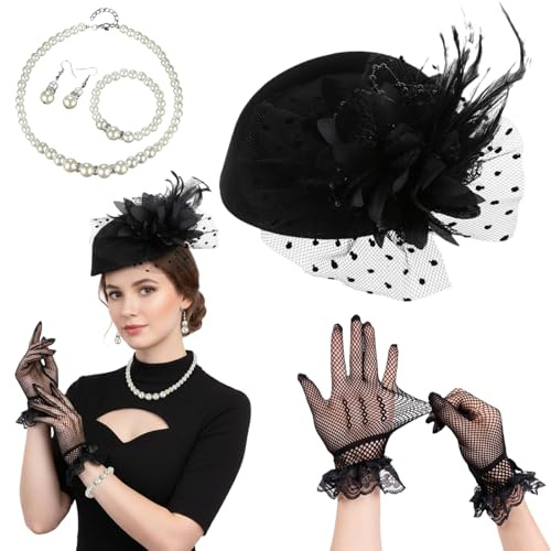 PjuQow Fascinator Damen Schwarz, Elegantes Set mit Hut, Handschuhen und Perlen für Hochzeiten und Galas, Stilvolle Accessoires für besondere Anlässe