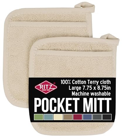 RITZ Terry Pocket Mitt & Hot Pad: Unparalleled Heat Resistant, Durable 100% Cotton – Ergonomically Designed for Optimal Grip – Easy-Care Machine Washable – 2-Pack, Latte
