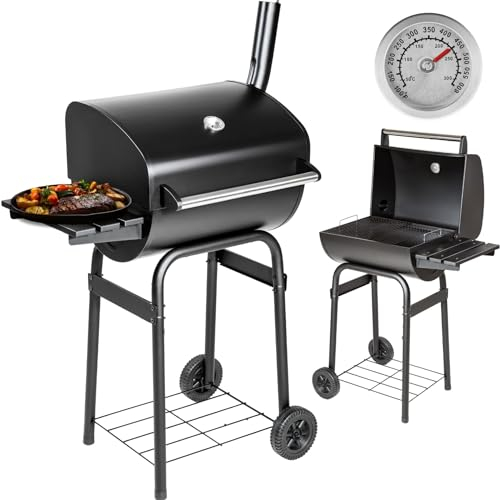 tectake® 3in1 Barbecue Holzkohlegrill Grillwagen Smoker Räucherofen, Smoker Grill mit Thermometer, regulierbarem Luftabzug, Dampfgaren, Holzkohle Grill mit Kohleschale und Ascherost
