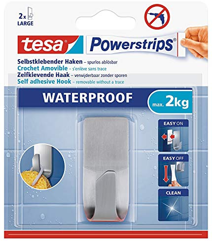 tesa Powerstrips Haken wasserfest/Selbstklebende Halterung aus rostfreiem Edelstahl für Dusche, Bad und Küche, max. 2 kg (2 Packungen)